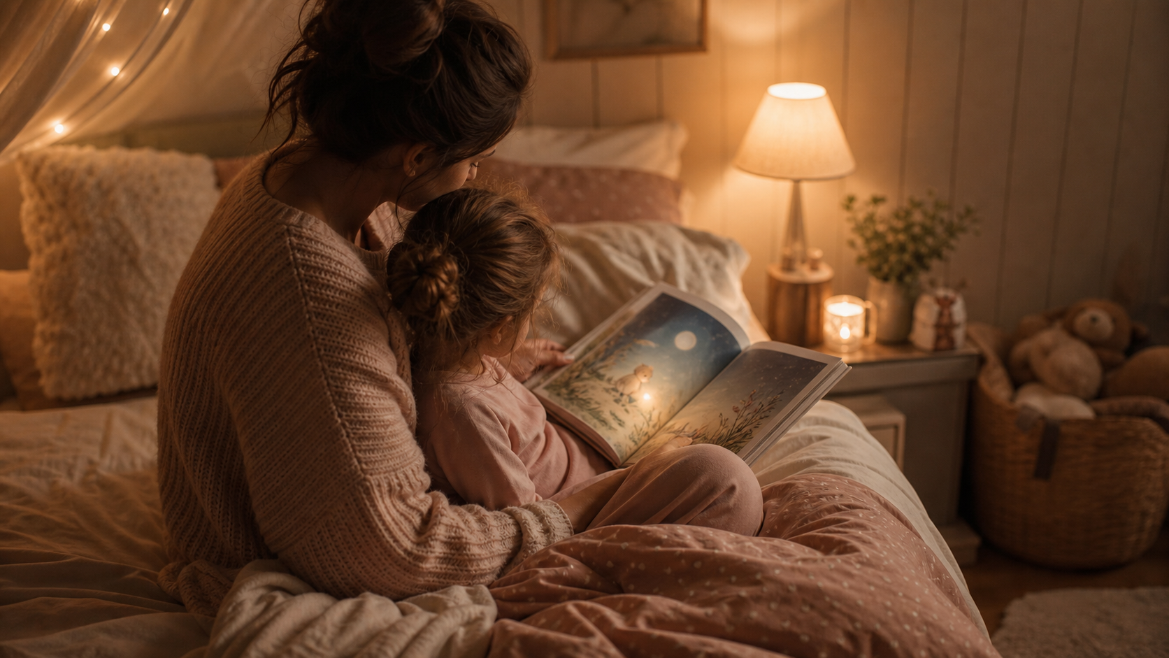A parent reading a bedtime story with a child in a cozy room