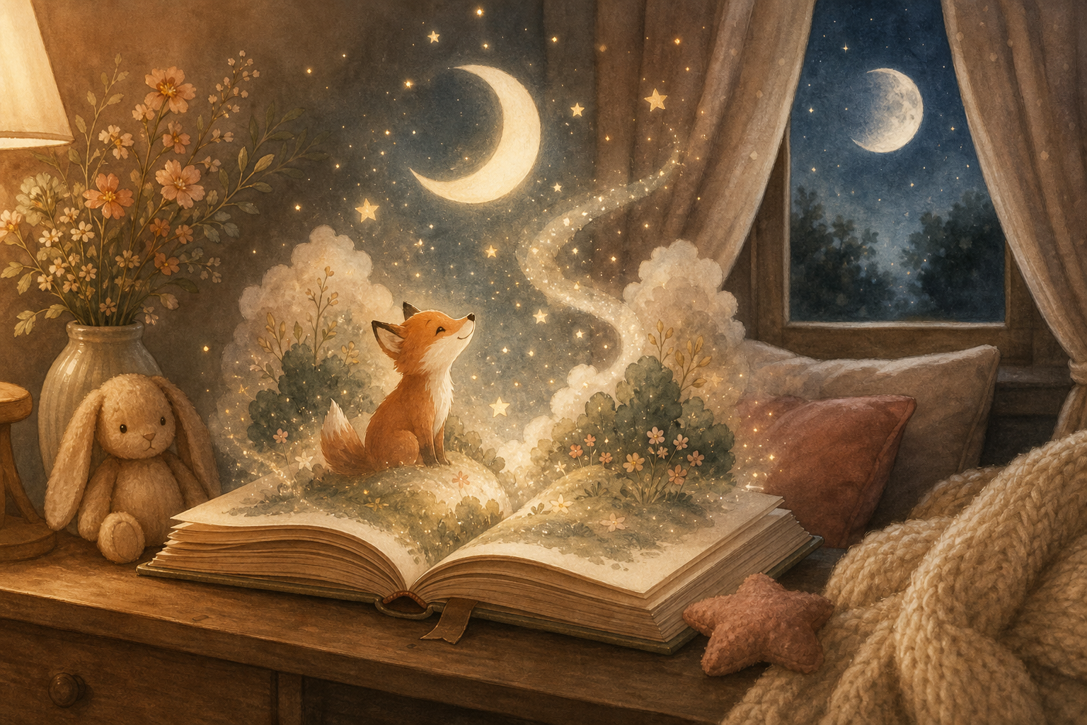 A magical bedtime storybook glowing softly with stars and moonlight
